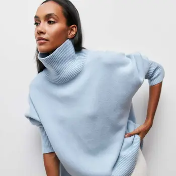 ilgomis rankovėmis Minkštas lipnus megztinis Moteriškas paltas 2023 Naujas populiarus megztinis Laisvas Pusė aukšto kaklo Ruduo ir žiema Rusiškas megztinis