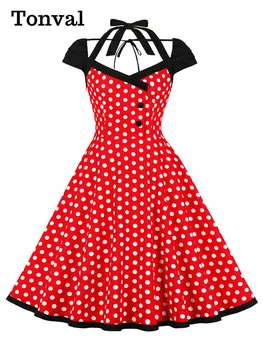 Tonval Women Pinup 1950s Vintage Polka Dot suknelė Halter Cap Rankovių sagos priekinis vakarėlis Rockabilly Ladies suknelės