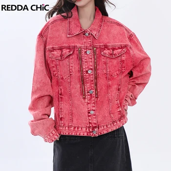 REDDACHiC Y2k Red Distressed Women Bomber Jacket Vintage Wash Zipper Patchwork Demi sezono džinsinis švarkas Korėjietiški vintažiniai drabužiai
