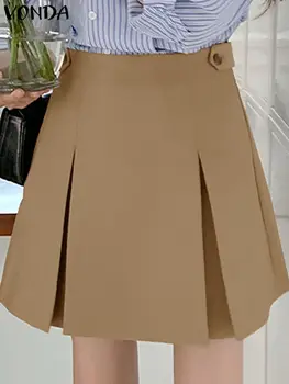 Moterys VONDA Elegantiški vasariniai sijonai 2024 Casual High Waist Plisuotas mados mini sijonas Laisvas vientisos spalvos mokyklos pagrindiniai trumpi apačia