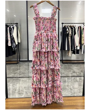 Nauja rožinė spausdinta plisuota vasarinė suknelė moterims 2024 Pakaba Pajūrio atostogų raukinių tortas Midi ilga gėlėta suknelė Vientisas