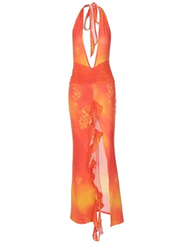 Moterys seksualios mados ilgos suknelės be rankovių kaklaraištis Halterneck Backless Flower Print Ruffled Slit Dress Beach Dress