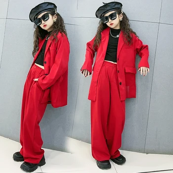 Jaunimas Mergaičių drabužiai Komplektai Mados hiphopo šokių apranga Vaikiški drabužiai Laisvas švarko kostiumas Kelnės 2vnt Laisvalaikio vaikų kostiumai 12 13