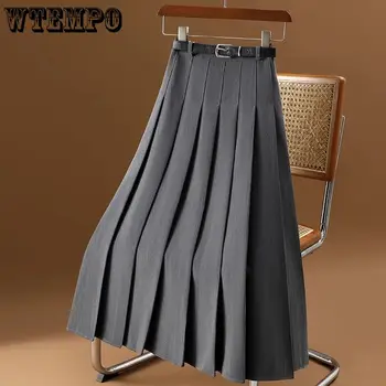 WTEMPO Vintažiniai sijonai moterims Plisuotas aukštas juosmuo A-line Jupe temperamentas Saia Fashion Plisuotas sijonas Vidutinio ilgio suknelės sijonai