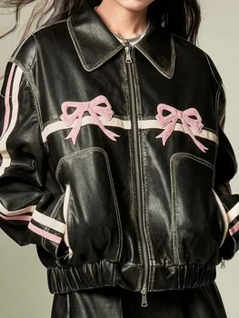 2024 Nauja Harajuku Vintage Y2k Hotsweet Pu striukė Moteriški gatvės drabužiai Rožiniai lankai Atspausdinti laisvi odiniai švarkai Emo Alt Grunge Apranga