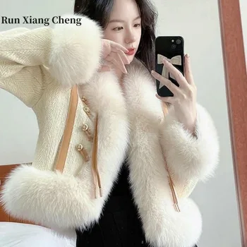 RUN XIANG CHENG Kailio imitacija Lapės plaukai ir medvilnė Sutirštintas paltas moterims 2023 Naujas populiariausias jaunas trumpo stiliaus nemokamas pristatymas