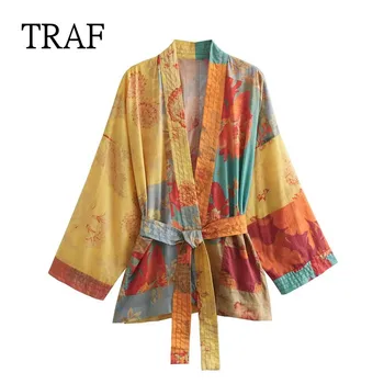 TRAF Moterų Kimono Top 2023 m. rudens vintažiniai diržo atspaudo marškiniai Palaidinė moteriai Top Laisvi moteriški marškiniai Vasaros paplūdimys Kimono prašmatnios viršūnės