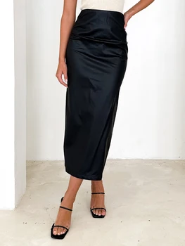Elegantiškas juodas PU odinis sijonas Moterys 2023 Vintage Midi Office Ladies Pieštuko sijonas Seksualus Bodycon Bodycon Split sijonas moterims