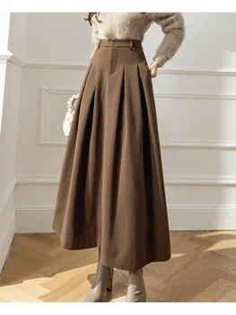 Elegantiški moteriški vilnoniai sijonai moteriškoms kišenėms Biuro ponios Casual Laisvi A-line High Waist Midi sijonas Ruduo Žieminis sijonas M139