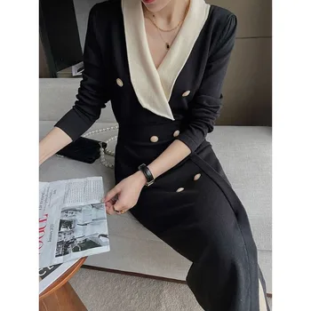Elegantiška V formos kaklo juoda megzta suknelė 2023 m. pavasario ruduo Korėjietiški moteriški drabužiai Nauja 