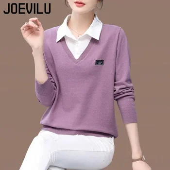 JOEVILU Fake Two Sweaters Moteriški elegantiški megzti apatiniai marškiniai Laisvalaikio džemperis Pavasario ir rudens prašmatnus korėjietiškas megztinis Y2k Top Pull