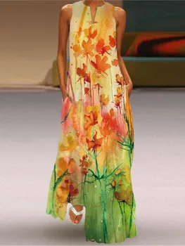 2024 Vasaros retro 3D spausdinimas Moteriškas bakas Viršutinė suknelė Mada seksuali suknelė V formos kaklu be rankovių laisva gėlėta grindų ilgio suknelė