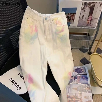White Jeans Women Leisure Tie Dye Ulzzang Vintage Chic Boyfriend Designed Harajuku Full Length Popular Ins Students Y2k Denim