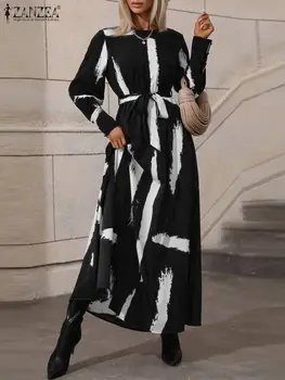 Vintažinis chalatas ilgomis rankovėmis ZANZEA Moterys Atspausdintos Maxi suknelės 2023 m. ruduo O-kaklo tvarsčių suknelės Atostogų gatvė Vestidos Femme