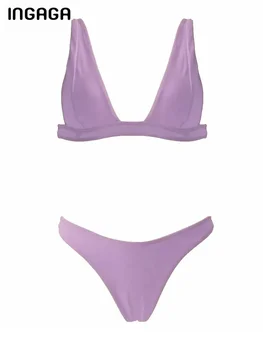 Sexy V-neck Bikini Solid Swimsuit Women 2023 Naujas aukšto kirpimo maudymosi kostiumėlis Žiedas Susietas Biquini rinkinys Maudymosi kostiumas Vasaros paplūdimio apranga