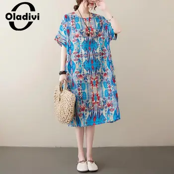 Oladivi Didelio dydžio moterys medvilninė lininė suknelė trumpomis rankovėmis 2023 m. vasaros laisvalaikio laisvos suknelės Vintage Ladies oversized drabužiai 8199