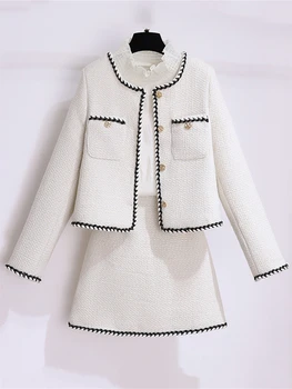 2023 Rudens viengubos tvido striukės moteriškas paltas Aukštas juosmuo Mini sijonas 2 dalių komplektai Žieminė apranga Elegantiškas prabangus biuro kostiumas