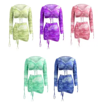 Womens 2 Piece Tie-Dye Print Ruched Drawstring Outfits Set Long Sleeve Off Shoulder Crop Top Bodycon Mini sijonas Party S-2XL N7YE