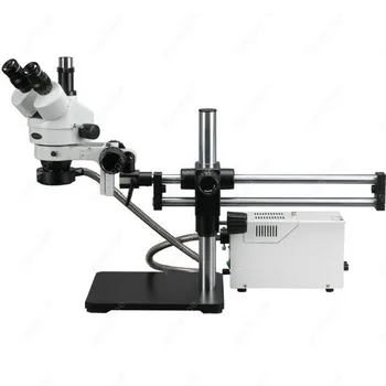 Šviesolaidinis trikampis mikroskopas--AmScope tiekia 3.5X-180X šviesolaidinį trinokulinį stereo mikroskopą su rutulinio guolio stovu