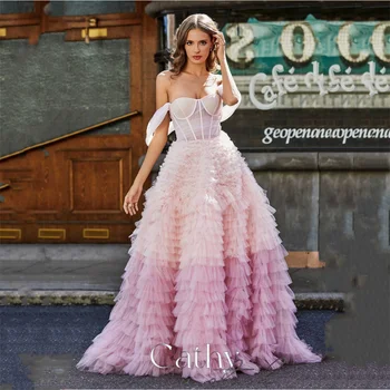 Cathy Luxury Gradiento daugiasluoksnė balinė suknelė vestuvinė suknelė 2024 Off Shoulder Vestidos De Novia Elegant Chalatai be rankovių de soirée