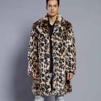 Vyrai Leopardas Dirbtinis lapės kailis Kailinis paltas Žiema Sutirštinti Pūkuotas Šiltas gauruotas Viršutiniai drabužiai Prabangus kailis Ilgas švarkas Bontjas Striukės Vyrai