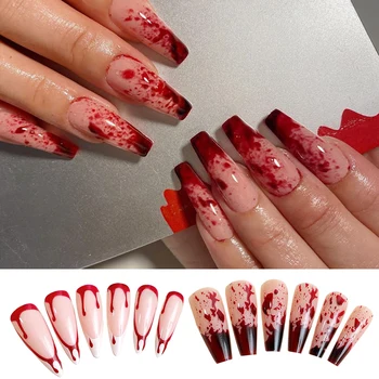 Long Nail Art Red Bloodstain False Nails Detchable Full Cover Fake Nail Halloween Style Detachable DIY Nails Accessories