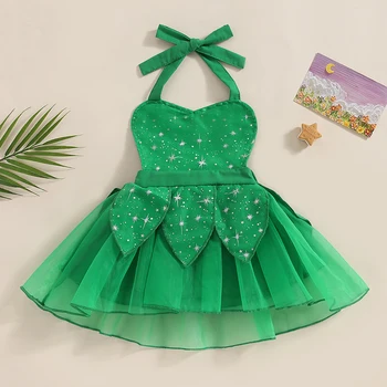 Christmas 6M-4Y Baby Girl Fairy Dress Green Sleeveless Halter Neck Star Print Tiulio suknelė Mažylių vakarėlio suknelė