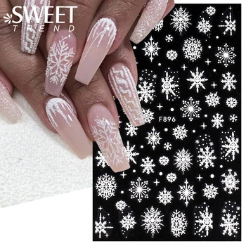 Žieminiai nagų lipdukai Blizgančios snaigės Baltos sniego gėlės Kalėdų nagų dizainas Šventiniai holo lipdukai Manikiūro slankikliai