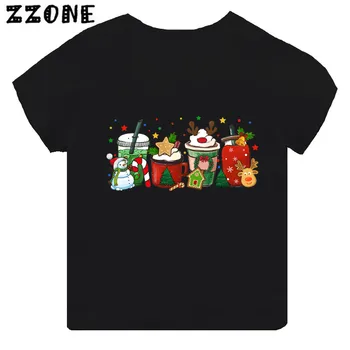 Linksmų Kalėdų žiemos kava Kalėdų senelis Spausdinti vaikiški marškinėliai Mergaičių drabužiai Baby Boys Juodi marškinėliai trumpomis rankovėmis Vaikų viršūnės,TH5864
