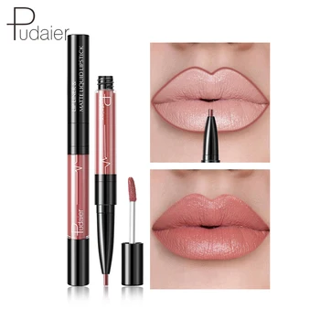Pudaier Makeup Nude Lipgloss Mist Lip Gloss Lip Gloss 2 in 1 Matte Liquid Lūpų dažai + Lūpų pieštukas Ilgalaikis kosmetikos lūpų pieštukas Rašiklis