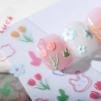 Mielas animacinis filmas Lokys Zuikio gėlės 5D minkšti reljefiniai reljefai Nagų dailės lipdukai 3D lipnūs nagų papuošimai Decals didmeninė prekyba